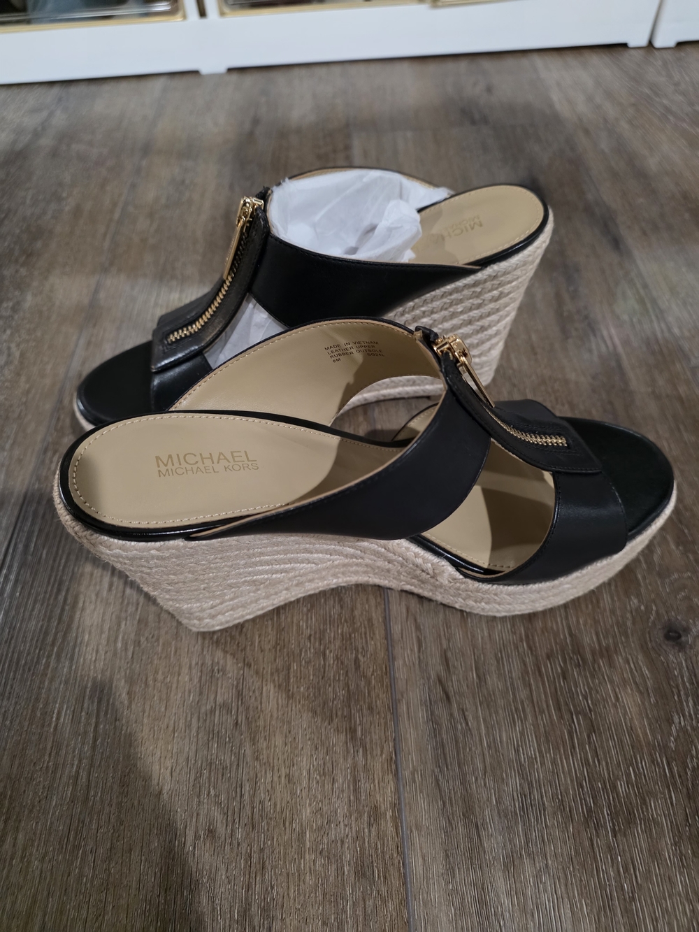 MICHAEL Michael Kors Black Leather Wedge Sandals with Rope Platform
